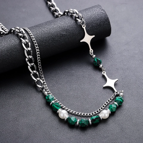 Collana Con Pendente a Stella in Acciaio al Titanio per Uomo Donna Perline di Malachite Sintetica Verde Perla Artificiale