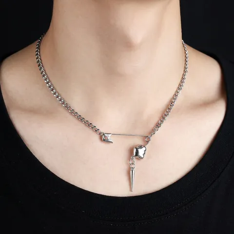 Punk Safety Pin Rivet Necklace Unisex Silver Alloy Heart Spike Pendant Chain Hip Hop Streetwear Fashion Jewelry Trendy Gift