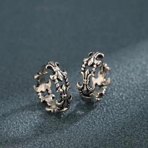 Vintage Gothic Hollow Cross Hoop Earrings For Men Women Silver Plated Copper Fleur-de-lis Engraved Edgy Fashion Street Ear Jewelry