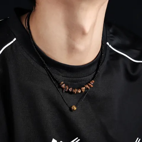 Vintage Irregular Tiger Eye Natural Stone Beaded Necklace Unisex Handmade Black Beads Choker Maillard Fashion Jewelry Necklace