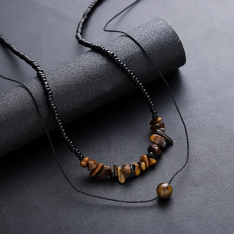 Vintage Irregular Tiger Eye Natural Stone Beaded Necklace Unisex Handmade Black Beads Choker Maillard Fashion Jewelry Necklace
