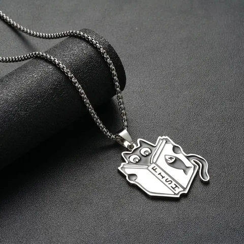 Collana con Pendente Gatto Che Legge Cartone Animato Gioielli in Acciaio Inossidabile per Uomo Donna Libro Pesce Collana Accessorio