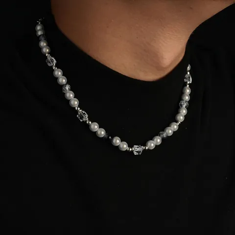 Collana di Perle Artificiali in Lega di Acciaio al Titanio Hip Hop per Uomo Donna Collana con Strass Trasparenti Gioielli