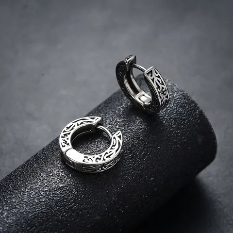 Vintage Copper Pattern Hoop Earrings For Men Women Fashion Ethnic Style Retro Silver Color Huggie Earrings Punk Jewelry