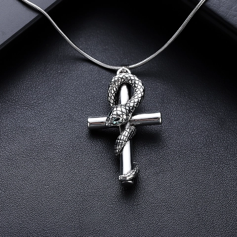Collar Con Colgante De Cruz Ankh Envuelto En Serpiente Mamba De Acero Inoxidable Para Hombres Mujeres Cadena De Joyería Gótica Hip Hop Strass