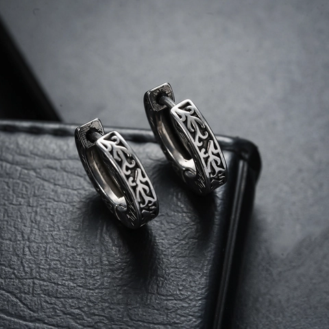 Vintage Copper Pattern Hoop Earrings For Men Women Fashion Ethnic Style Retro Silver Color Huggie Earrings Punk Jewelry