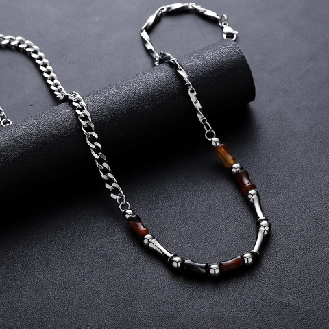 Vintage Roestvrij Staal Bamboeknoop Agaat Stiksel Halsketting Hip Hop Cubaanse Ketting Voor Mannen Vrouwen Niche Design Sieraden
