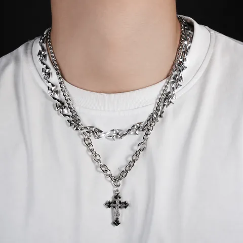 Hip Hop Edelstahl Lagen Halskette Und Armband Für Herren Damen Unisex Kreuz Anhänger Strass Poliert Schmuck Zubehör