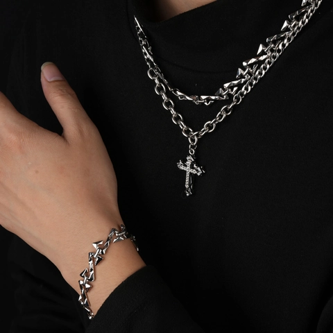 Hip Hop Edelstahl Mehrlagig Kreuz Anhänger Halskette Geometrisches Armband Für Herren Damen Gothic Schmuck Zubehör