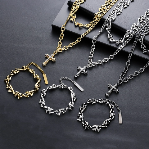 Hip Hop Edelstahl Mehrlagig Kreuz Anhänger Halskette Geometrisches Armband Für Herren Damen Gothic Schmuck Zubehör