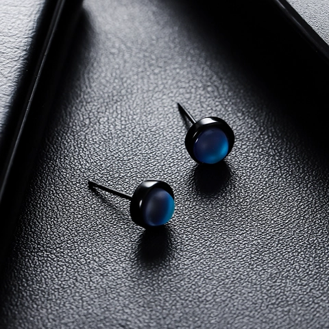 Pendientes de Botón de Piedra de Ojo de Gato Plateados Minimalistas Azules Redondos Geométricos Joyería Unisex para Hombres Mujeres Accesorio Diario