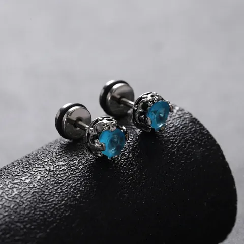 Titanium Steel Blue Zirconia Stud Earring For Men Women Punk Gothic Style Geometric Round Inlaid Jewelry Single Earring