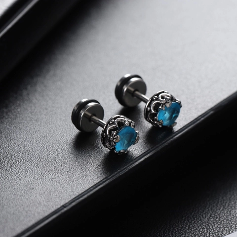 Blauer Zirkon Ohrstecker Für Herren Damen Punk Vintage Krone Titanstahl Schraubverschluss Einzelner Ohrring Modeschmuck