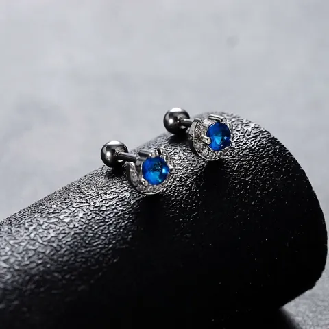 Personalized Moon Zirconia Stud Earrings For Men Women Blue Round Stone Silver Plated Copper Screw Back Earrings Fashion Jewelry