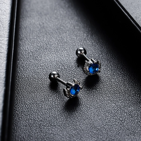 Personalized Moon Zirconia Stud Earrings For Men Women Blue Round Stone Silver Plated Copper Screw Back Earrings Fashion Jewelry
