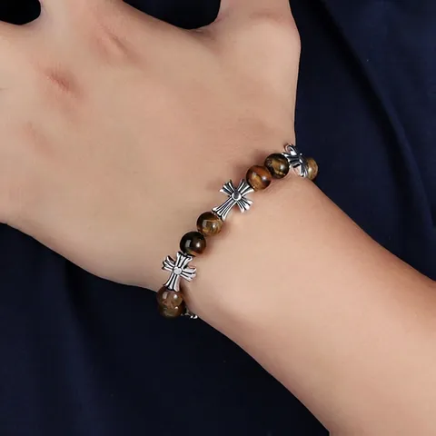 Bracciale Retrò con Perle in Pietra Occhio di Tigre e Croce in Acciaio al Titanio per Uomo Donna Gioielli Punk Gotici Fatti a Mano