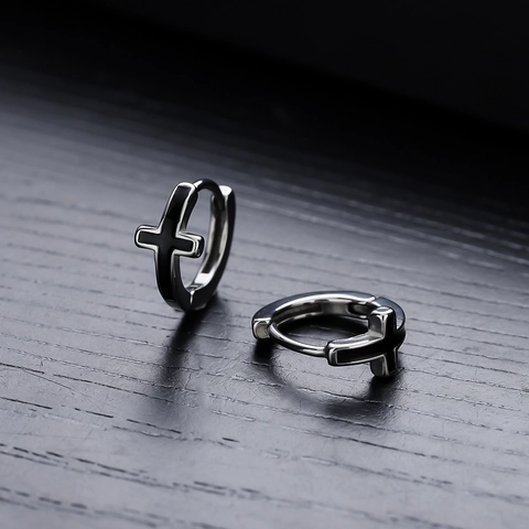 Stainless Steel Cross Hoop Earring For Men Women Black Enamel Inlaid Huggie Earring Punk Gothic Cold Style Unisex Jewelry Gift