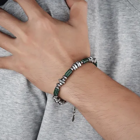 Bracciale di Perline in Acciaio Inossidabile alla Moda per Uomo Donna Turchese Artificiale Perla d'Argento Irregolare Gioielli