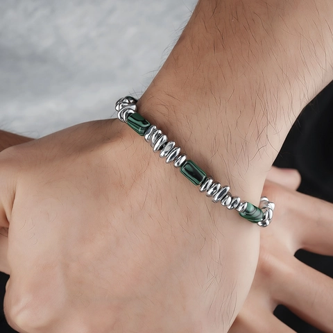 Bracciale di Perline in Acciaio Inossidabile alla Moda per Uomo Donna Turchese Artificiale Perla d'Argento Irregolare Gioielli