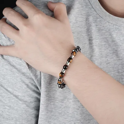 Bracciale Vintage in Acciaio Inossidabile con Occhio di Tigre e Nodi di Bambù per Uomo Donna Catena di Perline Regolabile Gioielli