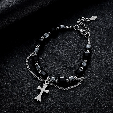 Bracciale a Perline con Croce in Acciaio al Titanio Vintage Gothic per Uomo Donna Design di Nicchia Catena a Strati Perline Nere