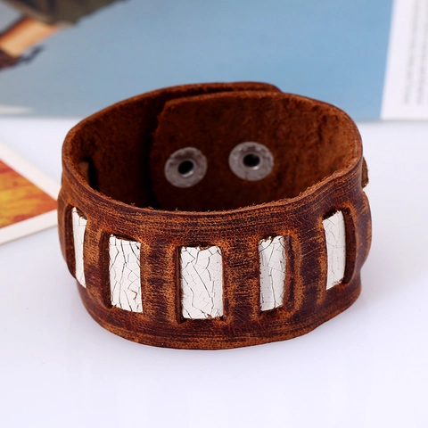 Vintage Punk Breit Lederarmband Für Herren Rindsleder Verstellbar Metall Druckknopf Manschette Retro Gothic Modeschmuck