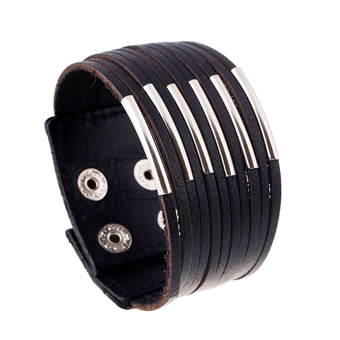 Bracelet en Cuir de Vachette Punk Vintage Pour Hommes Femmes Large Bracelet Enveloppant Multicouche Avec Décoration en Métal Tube de Cuivre Bijoux Rock