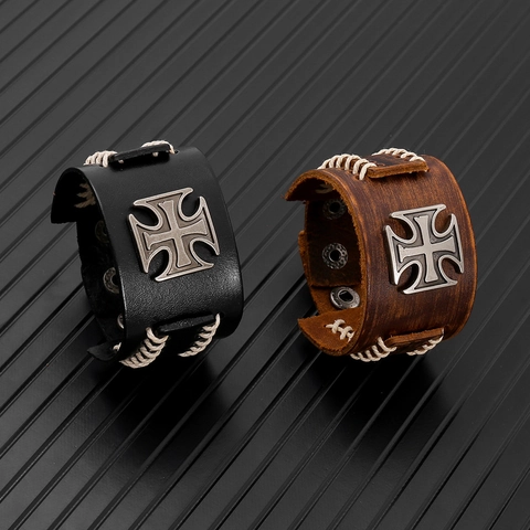 Pulsera Ancha de Cuero Punk Retro Unisex Diseño de Cruz de Aleación Vintage Muñequera Ajustable con Botón Joyería de Moda Regalo