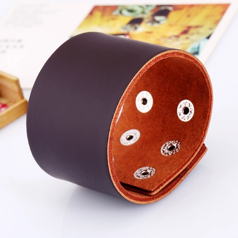 Herren Retro Punk Breite Echtleder Manschette Armband Verstellbar Metall Druckknopf Einfache Mode Armreif Schmuck Handgelenkband