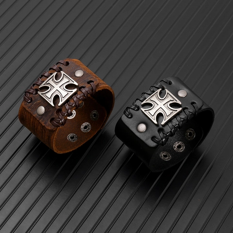 Punk Hip Hop Leather Bracelet For Men Vintage Wide Cuff Cross Medallion Rivet Braided Leather Bangle Wristband Jewelry Gift