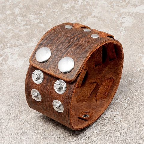 Vintage Unisex Breites Rindsleder Armband Mit Eisen Nieten Punk Geflochtenes Verstellbares Armband Braun Retro Damen Herren Schmuck