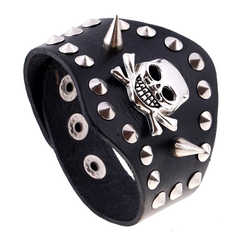 Men Punk Wide Cowhide Leather Bracelet With Silver Alloy Skull Rivet Studs Gothic Adjustable Snap Wrap Bangle Jewelry