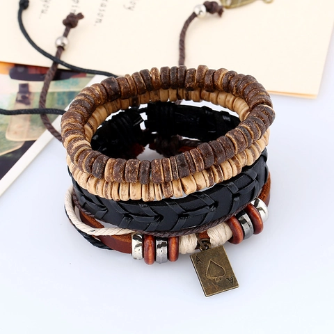 Men's Retro Handmade Leather Bracelet Set Cowhide Coconut Shell Beads Hemp Rope Ace Of Spades Charm Woven Ethnic Jewelry