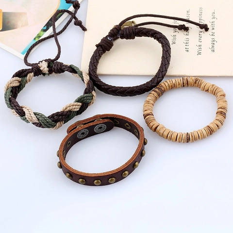 Herren Vintage Geflochtenes Leder Armband Handgefertigtes Rindsleder Hanfseil Kokosnussschale Punk Bohemian Verstellbarer Schmuck