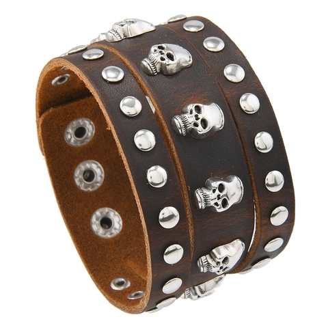 Men Punk Wide Leather Bracelet Vintage Cowhide Skull Rivet Adjustable Gothic Rock Biker Cuff Bangle Alloy Iron Wristband Jewelry