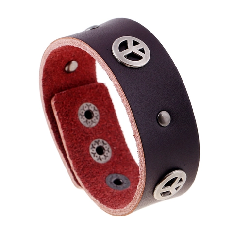 Bracciale in Pelle di Vacchetta Punk Con Segno della Pace per Uomo Polsino Largo Borchie in Metallo Bottone Regolabile Gioielli Rock Retrò