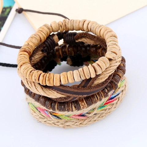 Handmade Woven Cowhide Leather Bracelet For Men Women Bohemian Coconut Shell Beads Hemp Rope Multi Layer Wrap Bracelet Gift