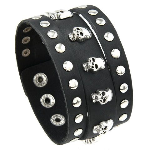 Punk Rock Men's Leather Bracelet Studded Spike Rivet Adjustable Wristband Gothic Hip Hop Jewelry Gothic Skull Cuff Bracelet
