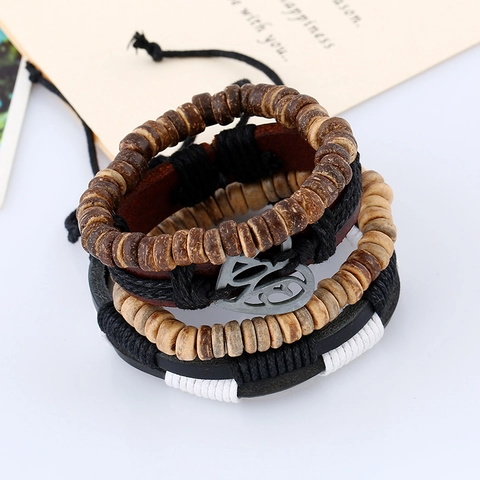Retro Multilayer Leather Bracelet Set For Men Bohemian Woven Wood Bead Stacking Wristband With Heart Charm Fashion Jewelry