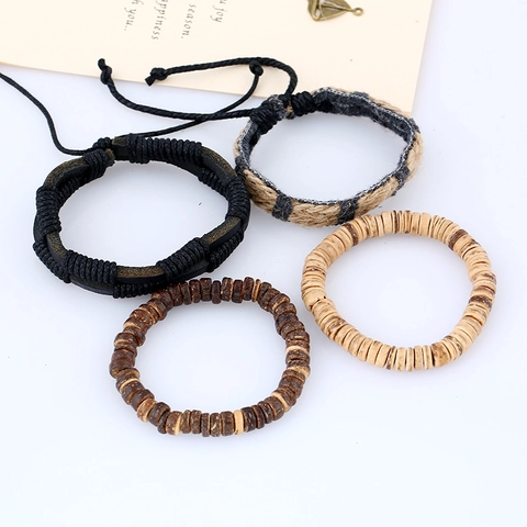 Set di Bracciali in Pelle Punk Vintage da Uomo in Pelle di Vacchetta Intrecciata Corda di Canapa Perline di Legno Stile Etnico Bracciale Gioielli Fatti a Mano