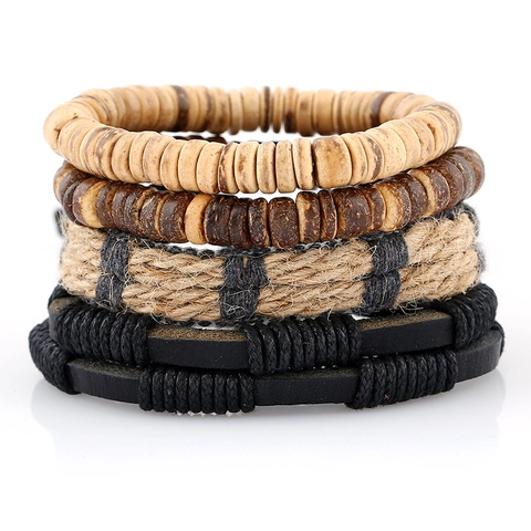 Set di Bracciali in Pelle Punk Vintage da Uomo in Pelle di Vacchetta Intrecciata Corda di Canapa Perline di Legno Stile Etnico Bracciale Gioielli Fatti a Mano