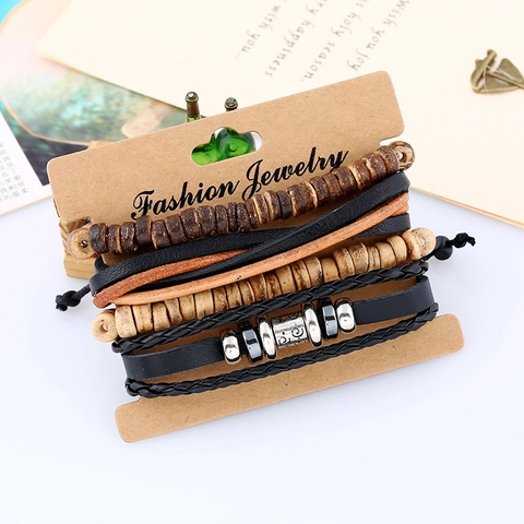 Vintage Mehrlagiges Leder Armband Set Für Herren Gewebtes Seil Perlen Legierung Ring Bohemian Punk Schmuck Zubehör Geschenk