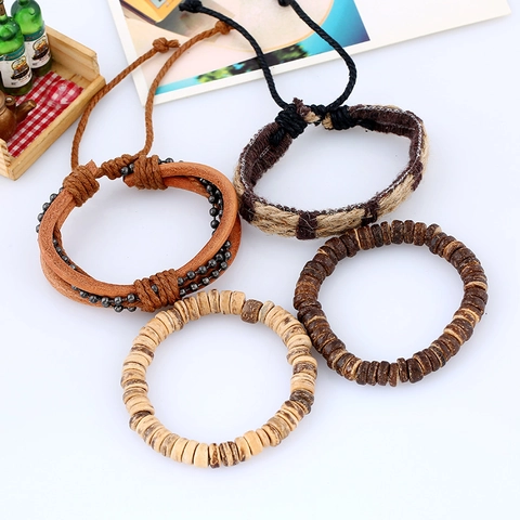 Set di Braccialetti in Pelle Intrecciata Multistrato Vintage da Uomo Corda di Canapa Fatta a Mano Perline di Cocco Gioielli Etnici
