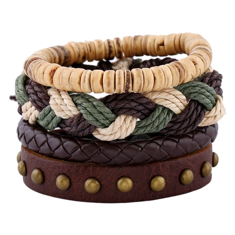 Herren Vintage Geflochtenes Leder Armband Handgefertigtes Rindsleder Hanfseil Kokosnussschale Punk Bohemian Verstellbarer Schmuck