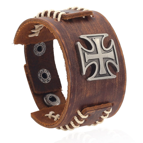 Pulsera Ancha de Cuero Punk Retro Unisex Diseño de Cruz de Aleación Vintage Muñequera Ajustable con Botón Joyería de Moda Regalo