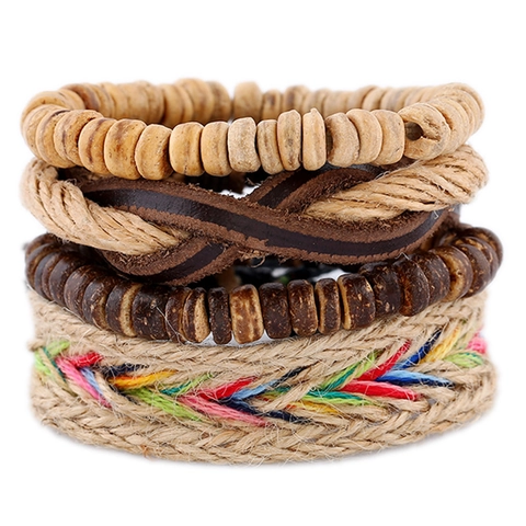 Handmade Woven Cowhide Leather Bracelet For Men Women Bohemian Coconut Shell Beads Hemp Rope Multi Layer Wrap Bracelet Gift