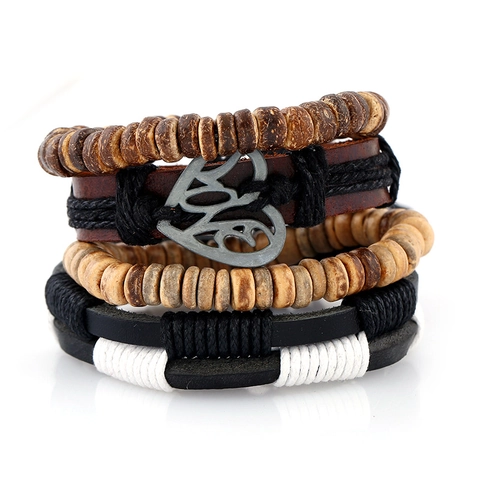Retro Multilayer Leather Bracelet Set For Men Bohemian Woven Wood Bead Stacking Wristband With Heart Charm Fashion Jewelry