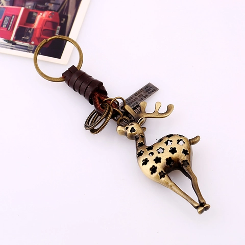 Vintage Cowhide Leather Deer Keychain Braided Fawn Bag Pendant Bronze Alloy Key Ring With Heart Tag Gift For Men Women