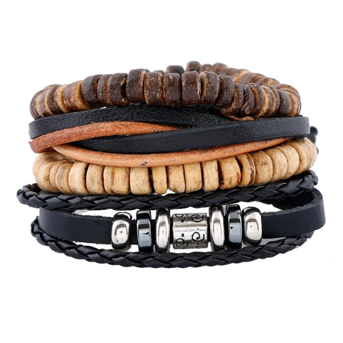 Vintage Mehrlagiges Leder Armband Set Für Herren Gewebtes Seil Perlen Legierung Ring Bohemian Punk Schmuck Zubehör Geschenk