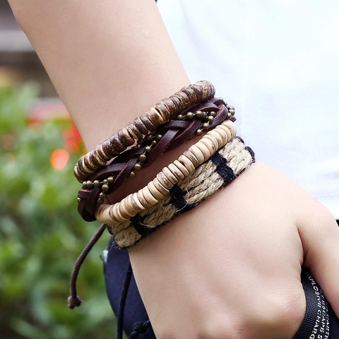 Colección de Pulseras de Cuero de Vaca Tejidas Retro para Hombre Con Cuerda de Cáñamo de Cáscara de Coco Joyería Étnica